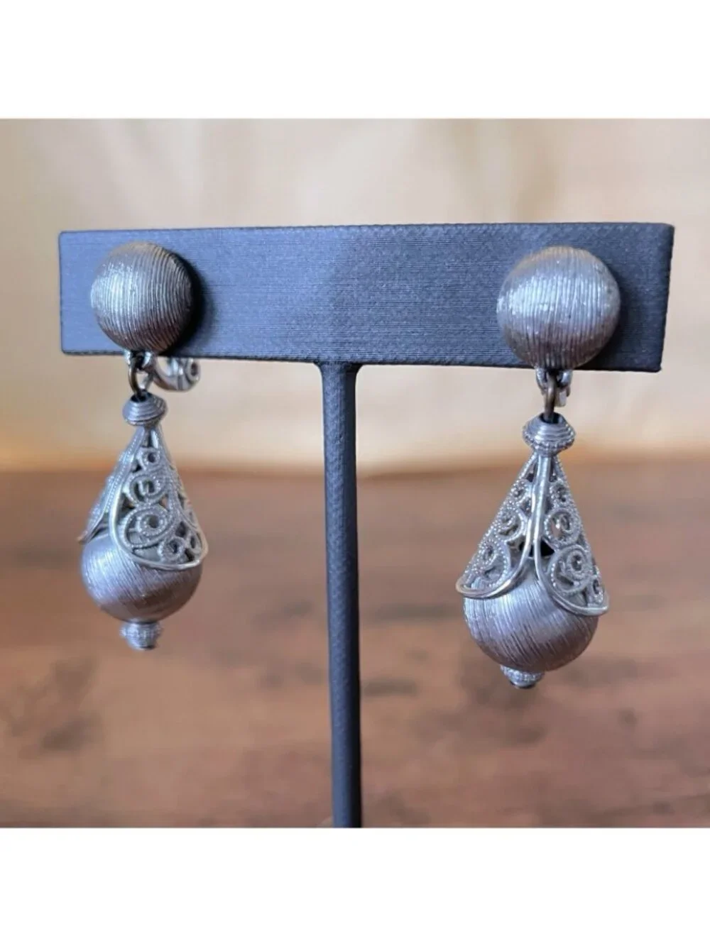 Vintage Monet Bolero Earrings Silver Tone Filigree Clip On Dangle Drop Signed